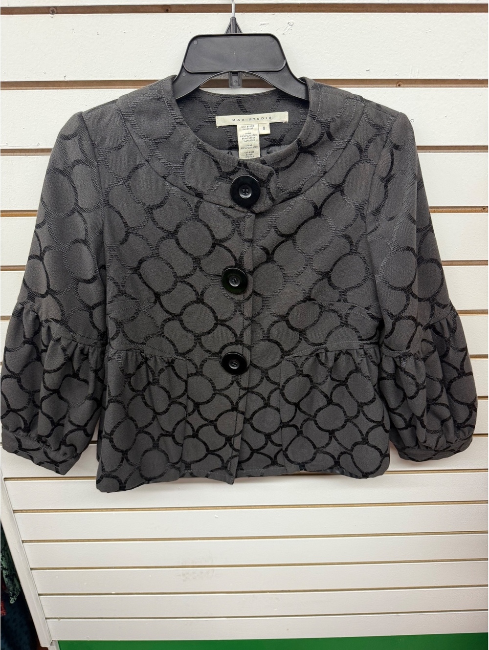 Max Studio Gray Black Circle Print Ruffle Jacket Size Small